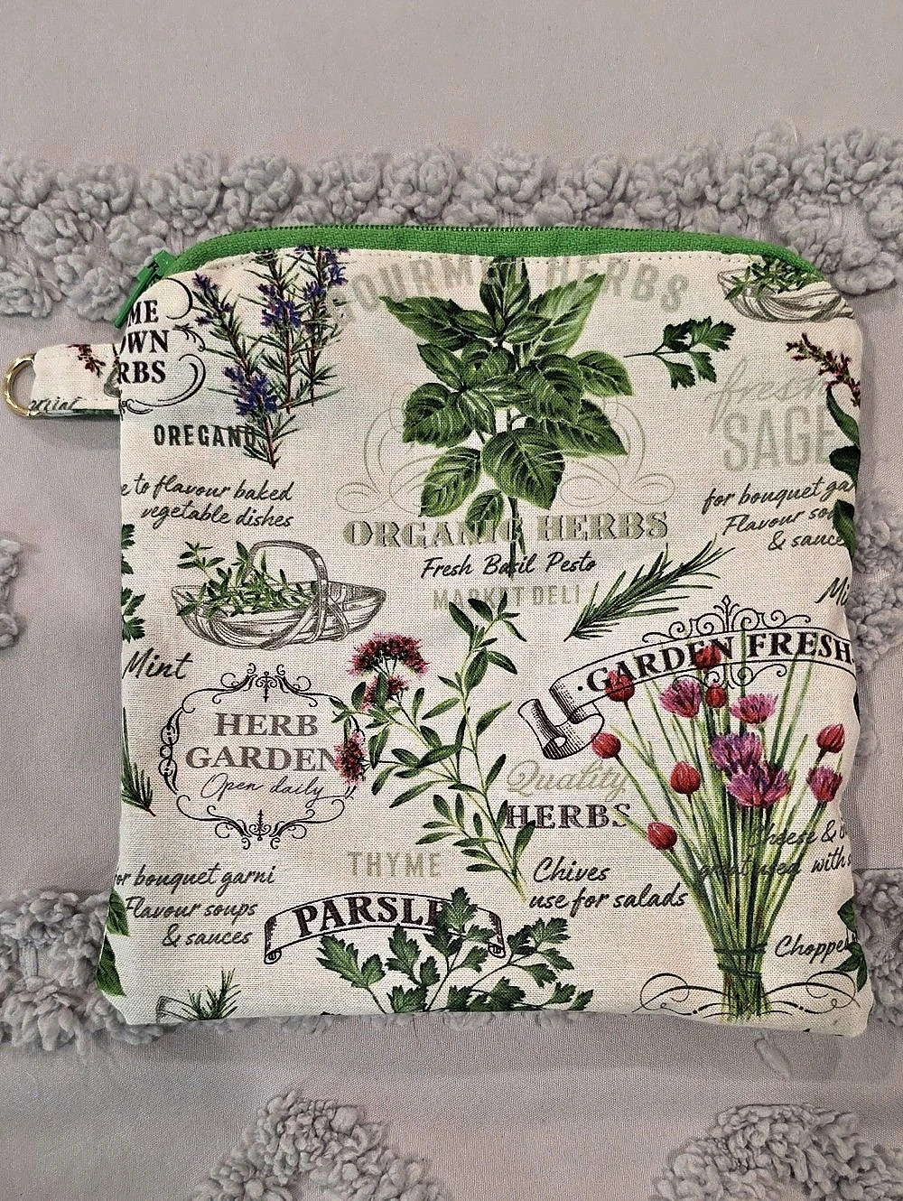 Handmade Herbs Garden Cosmetic Zipper Pouch in Green & Cream